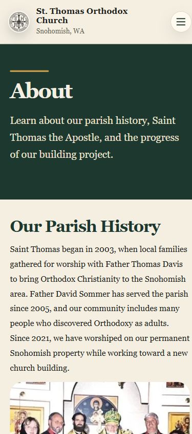 Actual mobile About page of St. Thomas Orthodox Church in Snohomish